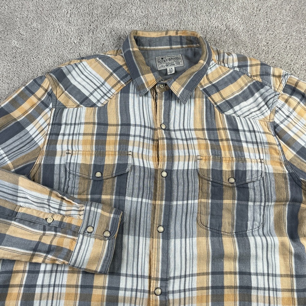 Lucky Brand Shirt‎ Mens Large Grey Yellow Plaid Western Pearl Snap Double Face